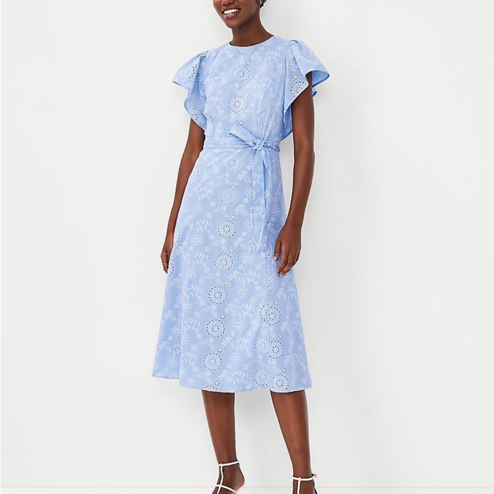 Eyelet Flutter Sleeve Belted Midi Dress in Serenity NWT